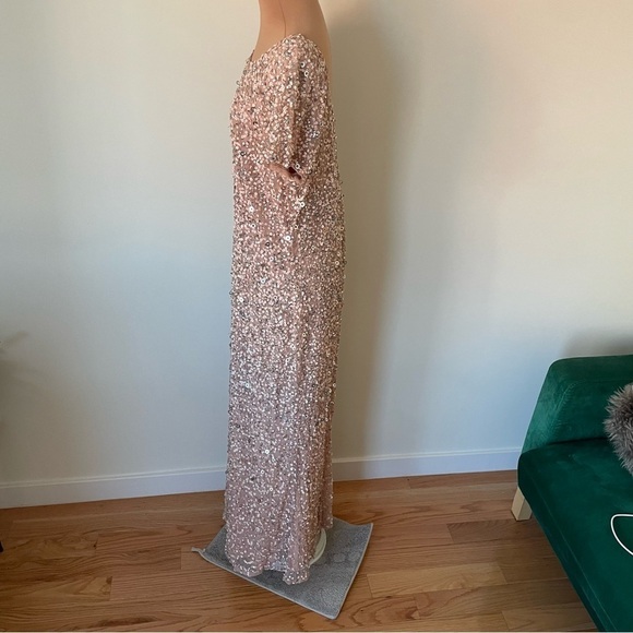 Adrianna Papell Scoop Back Sequin Gown Short Sleeve Evening Dress Blush EUC 16W - Picture 4 of 10